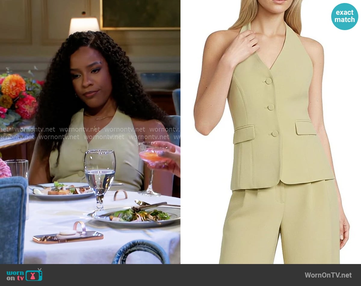 Gianni Bini Clark Crepe Halter Neck Vest in Matcha worn by Naomi Hamilton Hawthorne (Arielle Prepetit) on Beyond the Gates