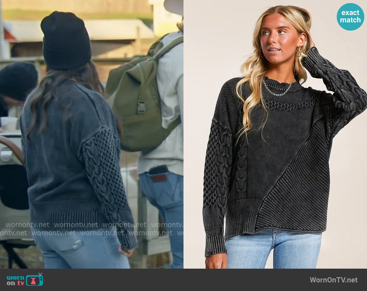 Gilded Intent Cable Knit Destructed Sweater worn by Alli Ventresca on The McBee Dynasty Real American Cowboys