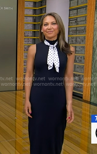 Ginger’s black sleeveless dress with polka dot tie on Good Morning America