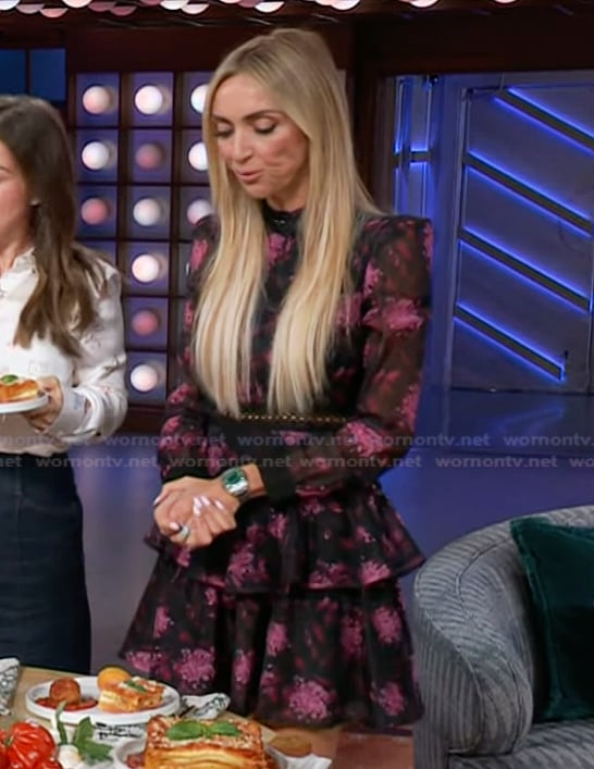 Giuliana Rancic’s black floral ruffle mini dress on The Kelly Clarkson Show