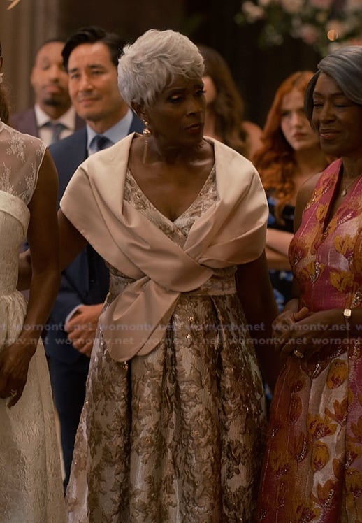 Gold jacquard dress on Sweet Magnolias