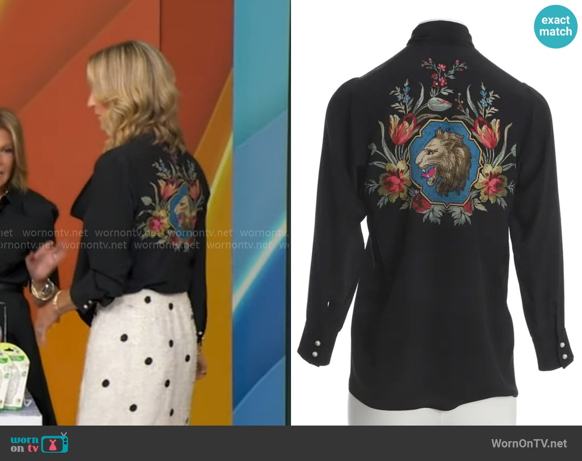Gucci Silk Bow Blouse with Garden Print worn by Lara Spencer on Good Morning America