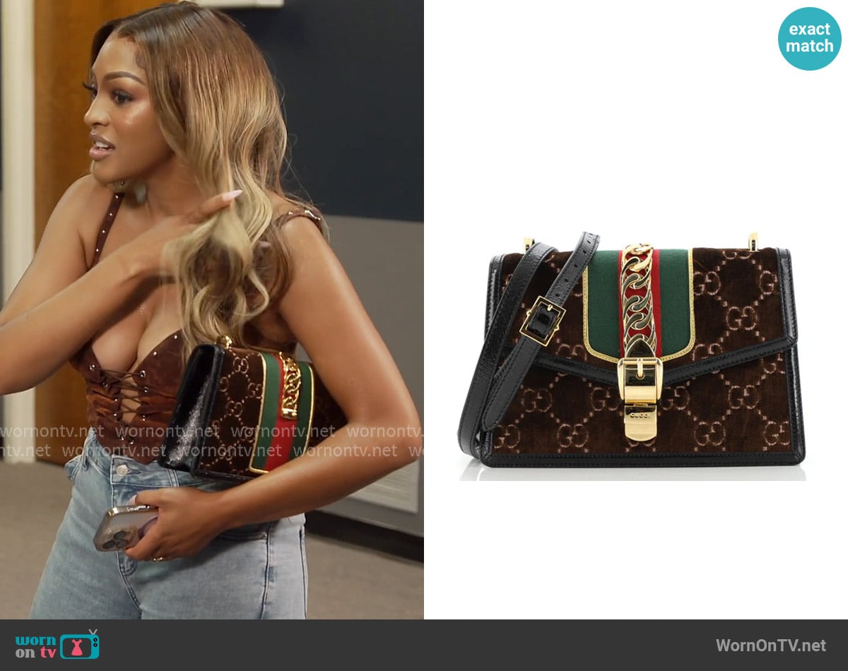 Gucci Sylvie Shoulder Bag GG Velvet worn by Drew Sidora on The Real Housewives of Atlanta