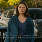 Hannah’s denim moto jacket and sneakers on Off Campus