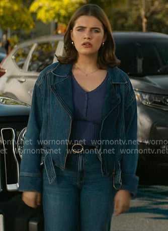 Hannah’s denim moto jacket and sneakers on Off Campus