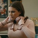 Hannah’s pink pointelle knit sweater on Off Campus