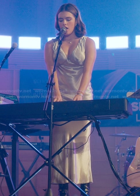 Hannah’s silver satin dress on Off Campus