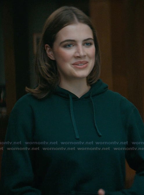 Hannah’s teal hoodie on Off Campus