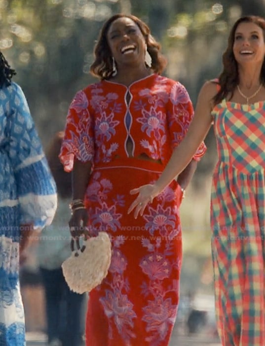 Helen’s red floral embroidered top and skirt on Sweet Magnolias