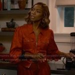 Helen’s red satin utility top and pants on Sweet Magnolias