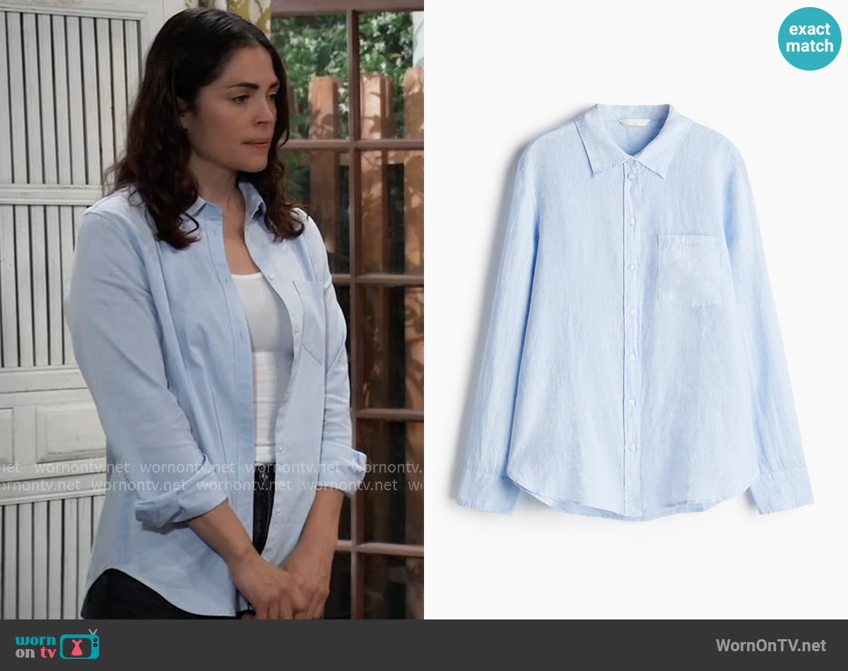 H&M Linen Shirt in Light Blue worn by Britt Westbourne (Kelly Thiebaud) on General Hospital