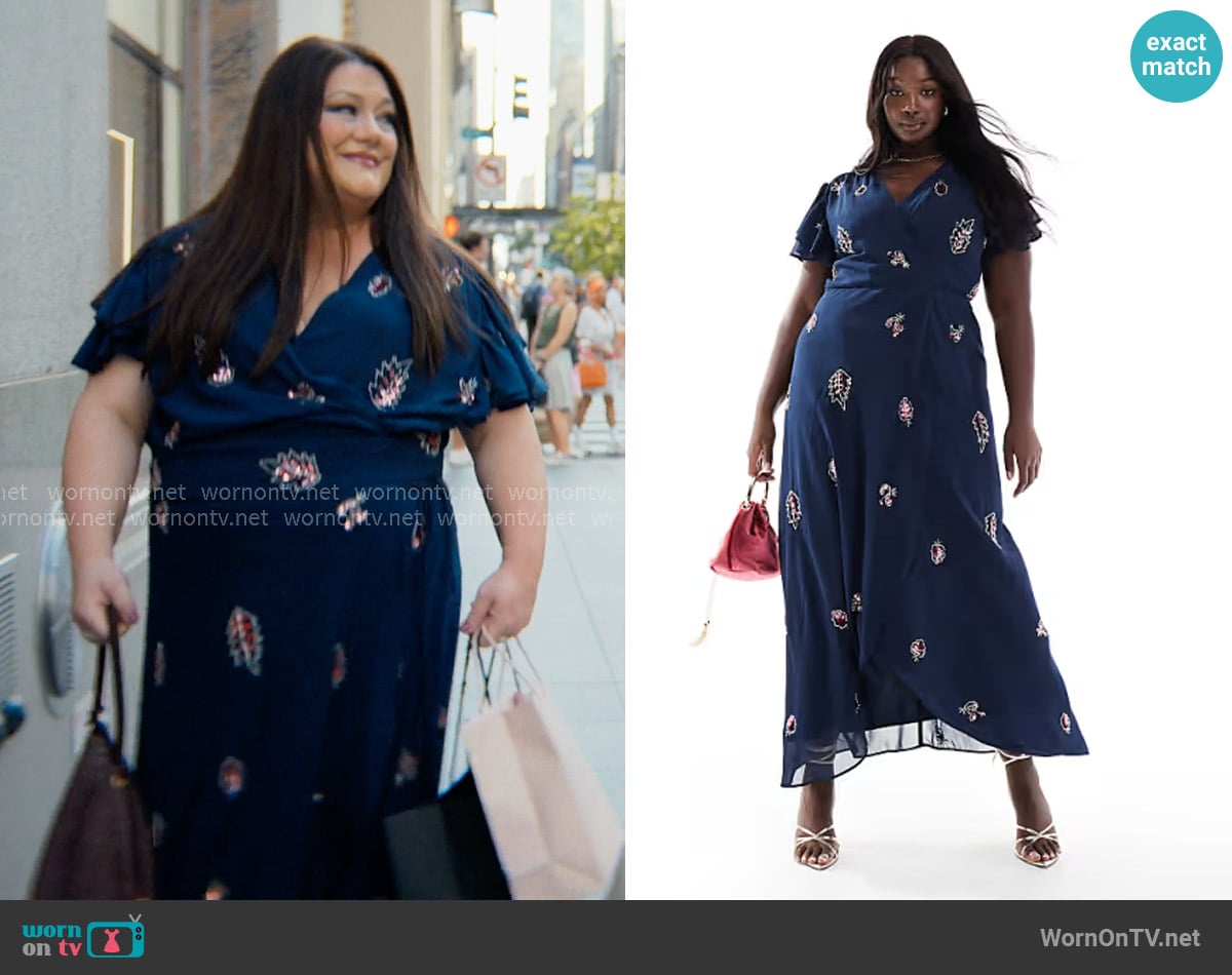 Hope & Ivy Embellished Frill Sleeve Maxi Wrap Dress with Tie Waist in navy worn by Dana Sue Sullivan (Brooke Elliott) on Sweet Magnolias