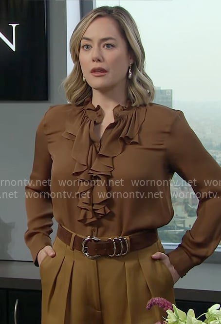Hope’s brown ruffled blouse and pleated pants on The Bold and the Beautiful