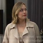 Hope’s champagne tie-waist dress and beige trench on The Bold and the Beautiful
