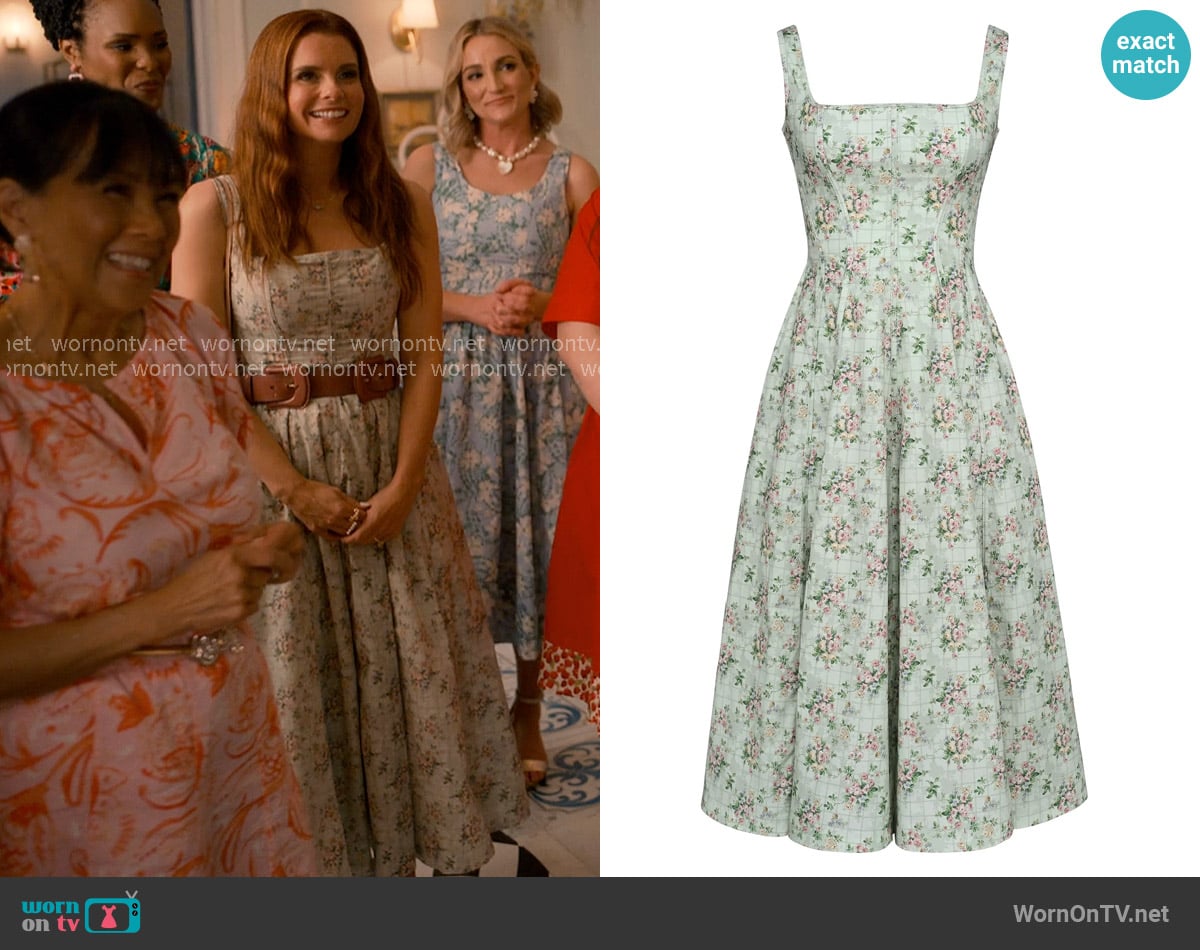 House of CB Mariabella Lace-Up Dress in Vintage Floral And Sage worn by Maddie Townsend (JoAnna Garcia Swisher) on Sweet Magnolias