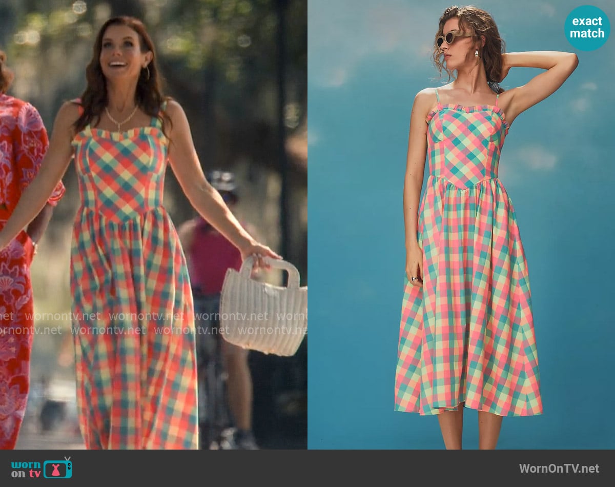 Hunter Bell Corey Strapless Ruffle-Trim Midi Dress worn by Maddie Townsend (JoAnna Garcia Swisher) on Sweet Magnolias
