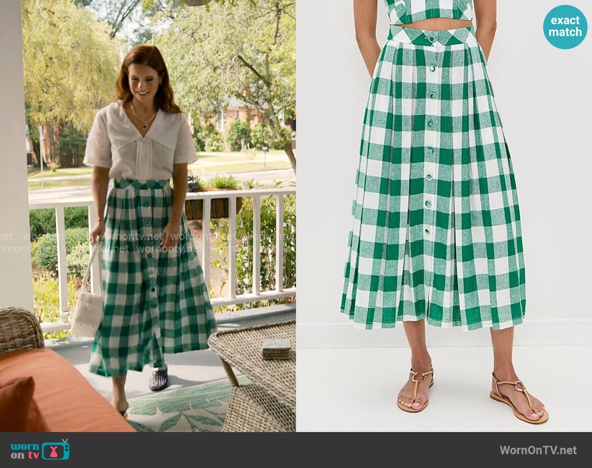 Hunter Bell Eva Skirt in Emerald Check worn by Maddie Townsend (JoAnna Garcia Swisher) on Sweet Magnolias