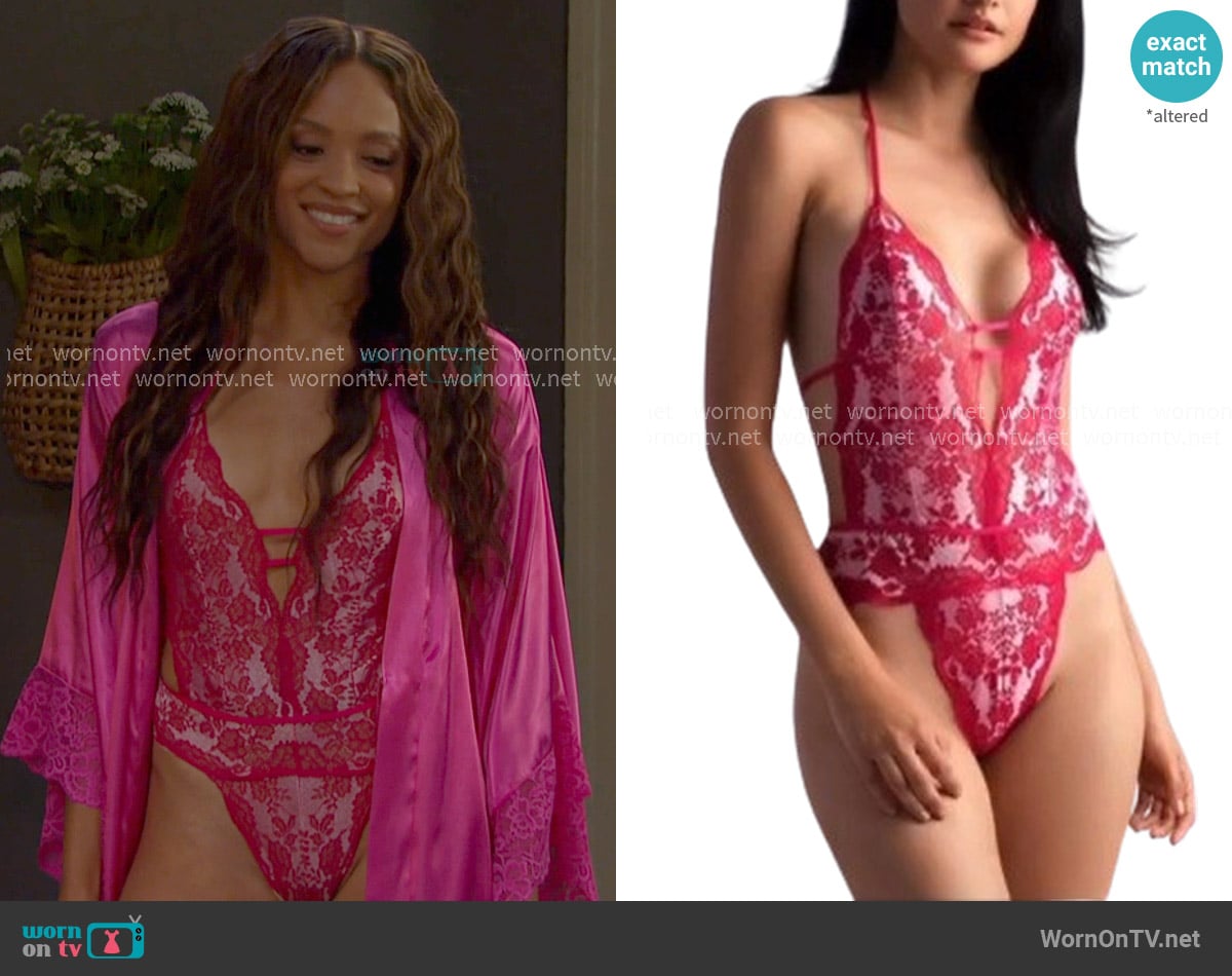 In Bloom by Jonquil Plunge V-neck Lace Thong Teddy worn by Lani Price (Sal Stowers) on Days of our Lives