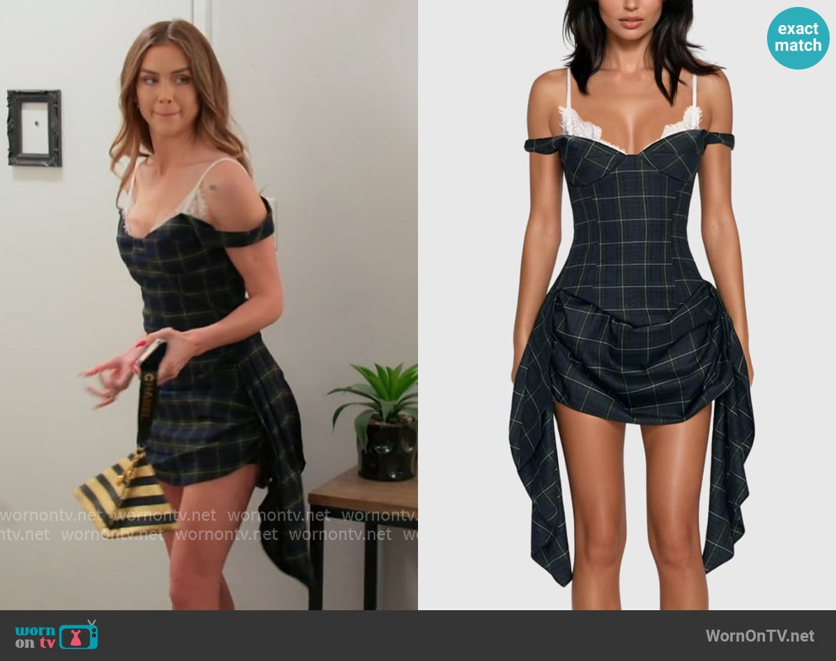 Innovare Denim Ceyhun Grid Fringe Spaghetti Mini Dress worn by Lala Kent on The Valley