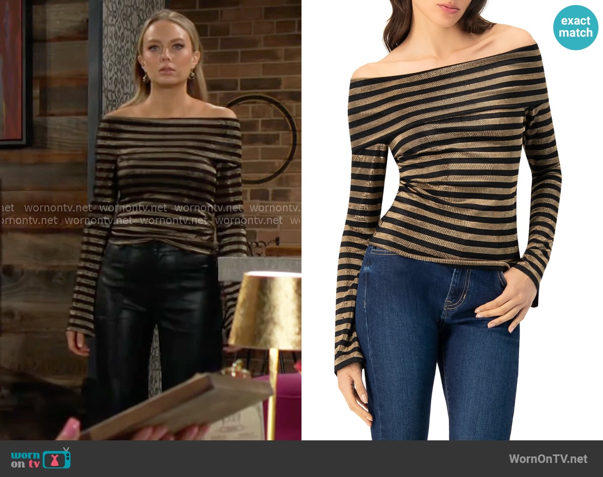 Ivonne Bardot Neckline Striped Long Sleeve Blouse worn by Abby Newman (Melissa Ordway) on The Young and the Restless