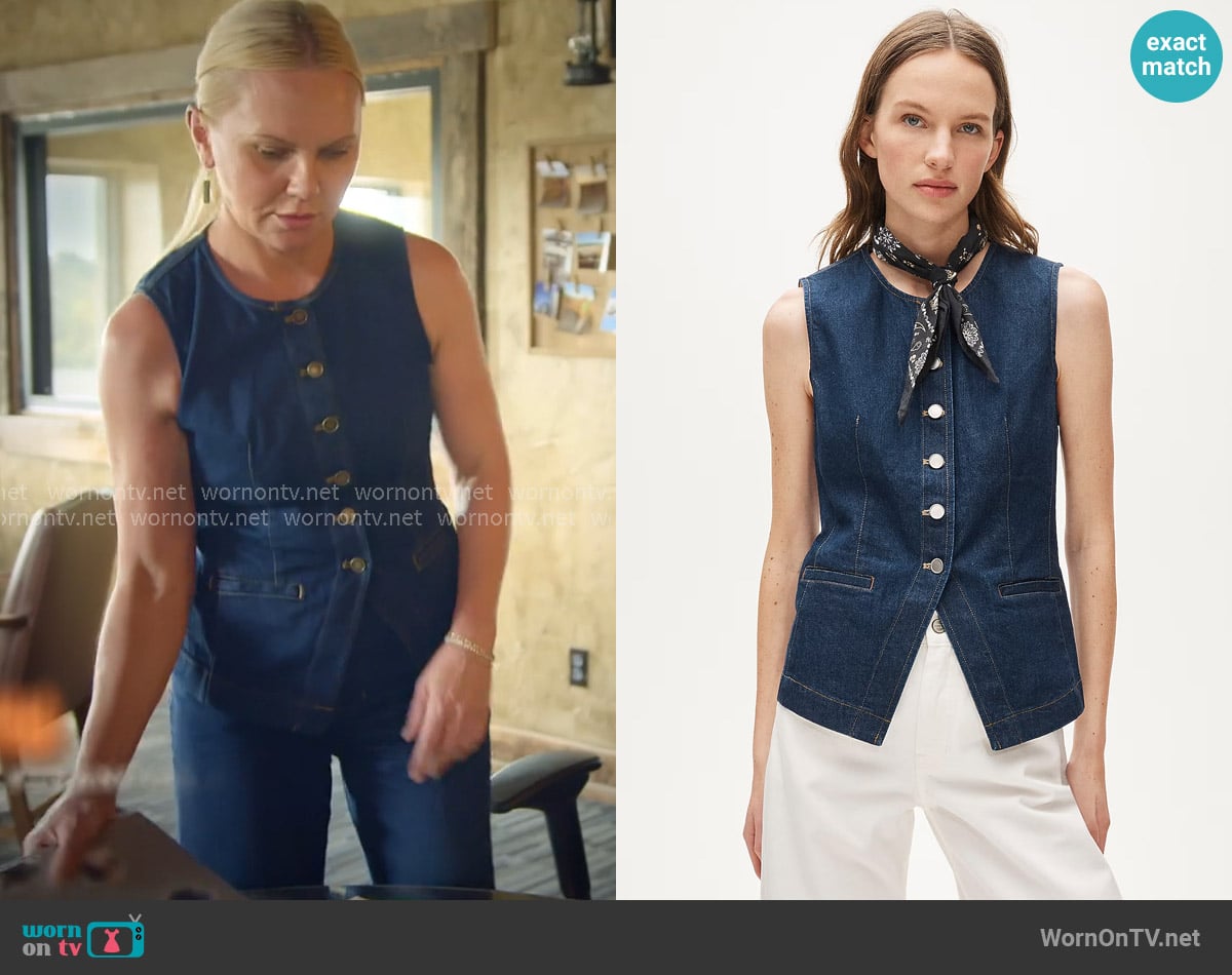 J. Crew Essential Cutaway Vest in denim worn by Galyna Saltkovska on The McBee Dynasty Real American Cowboys