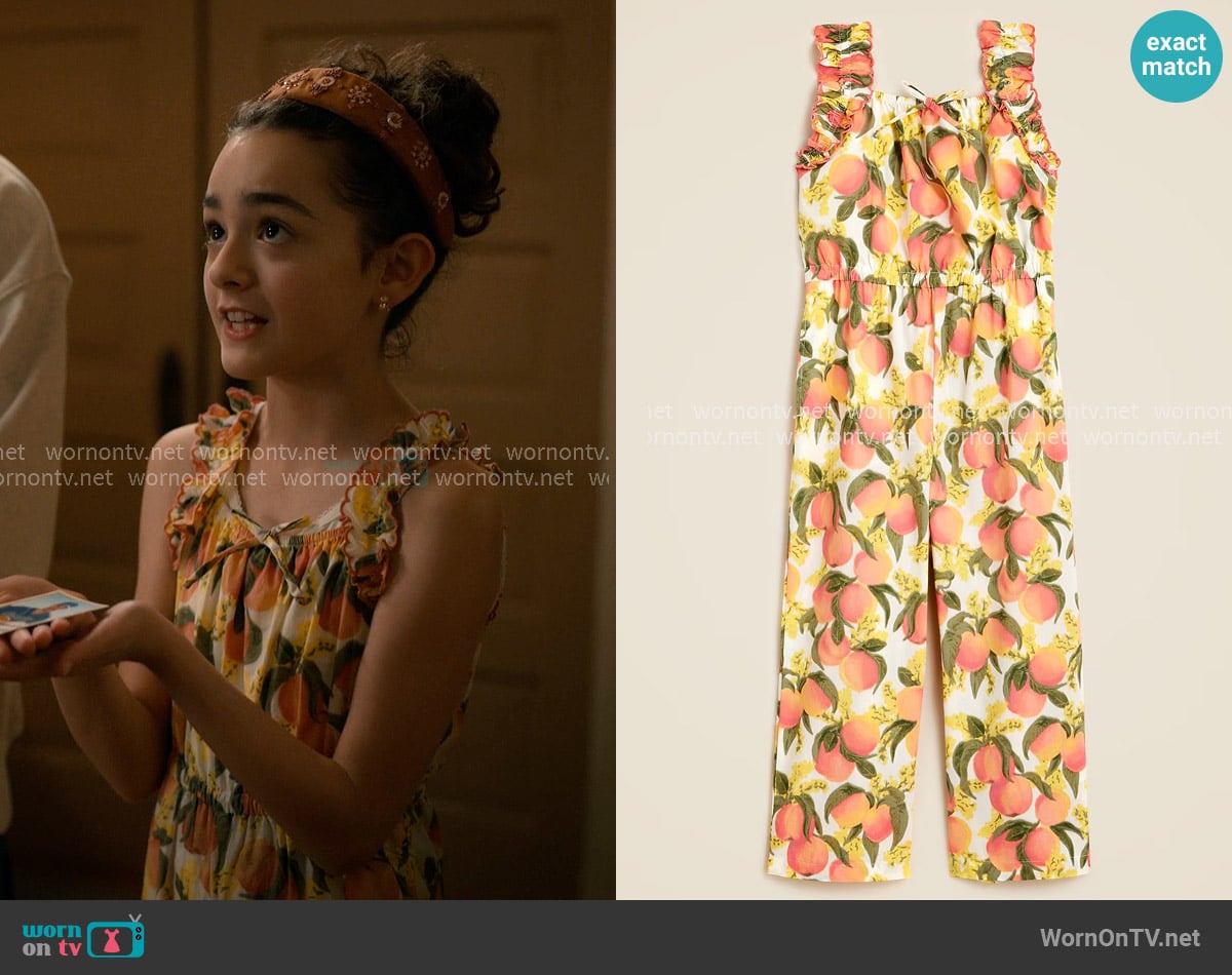 J. Crew Girls' Jumpsuit in cotton poplin peach print worn by Katie Townsend (Ella Grace Helton) on Sweet Magnolias