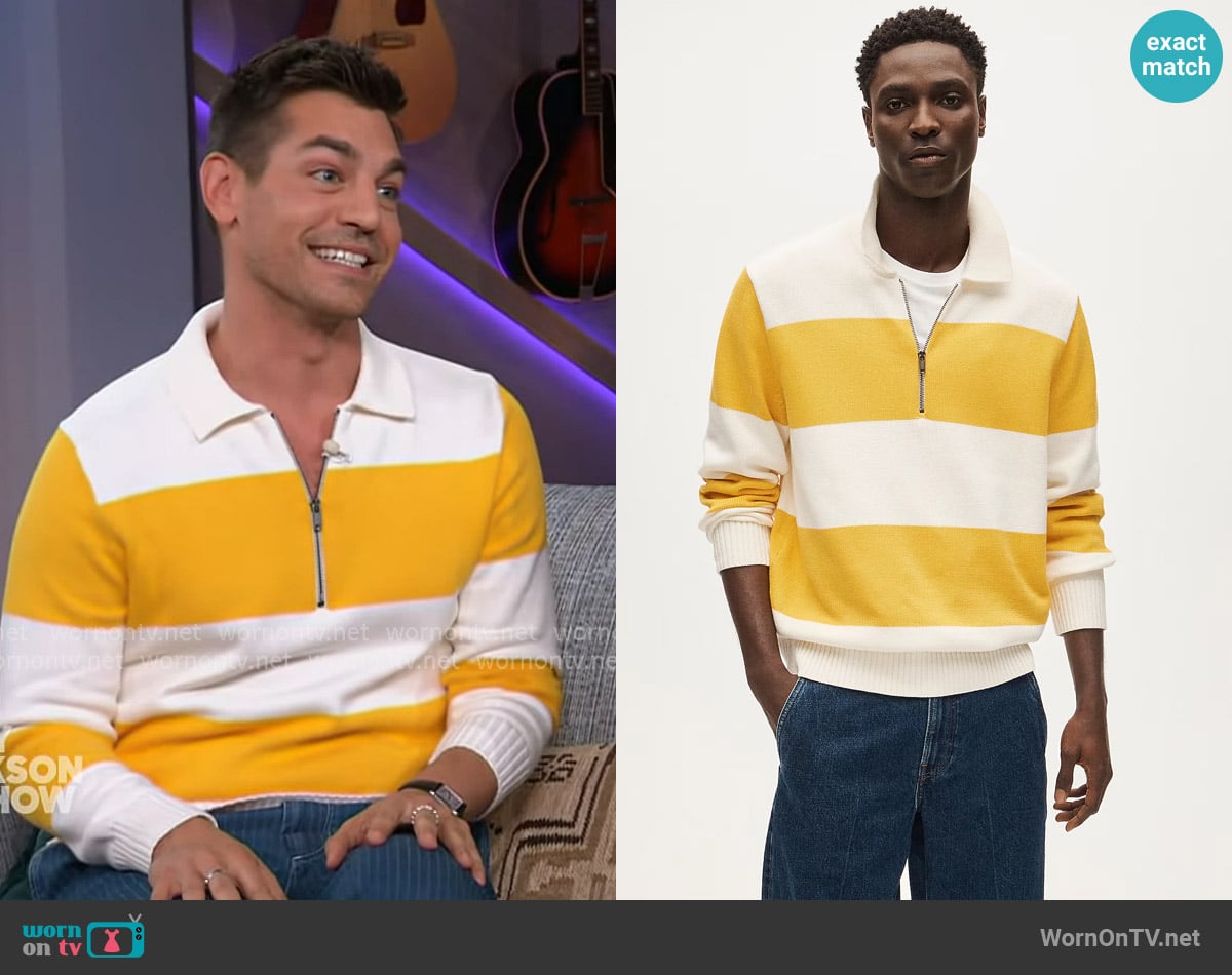 J. Crew Heritage cotton quarter-zip sweater in stripe worn by Matt Rogers on The Kelly Clarkson Show