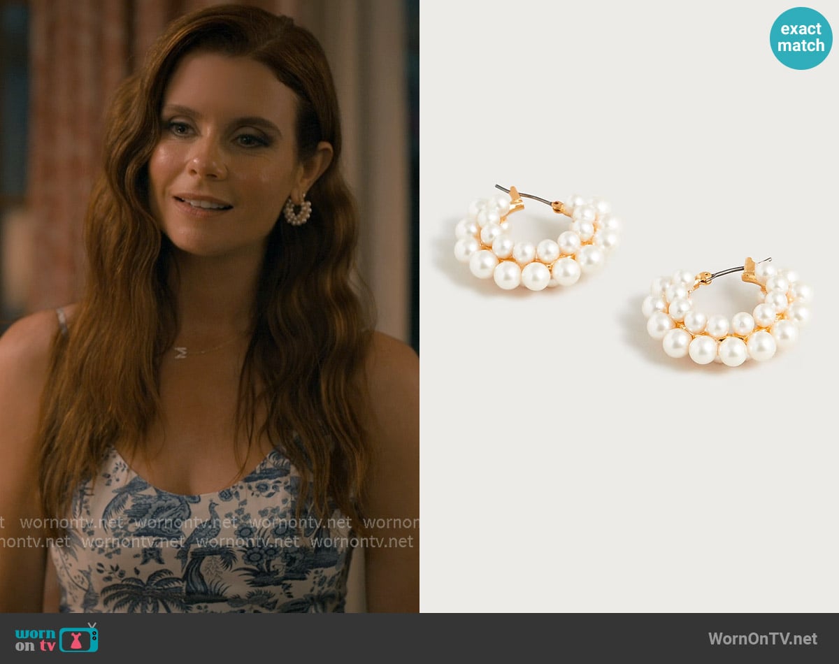 J. Crew Layered mini-pearl hoop earrings worn by Maddie Townsend (JoAnna Garcia Swisher) on Sweet Magnolias