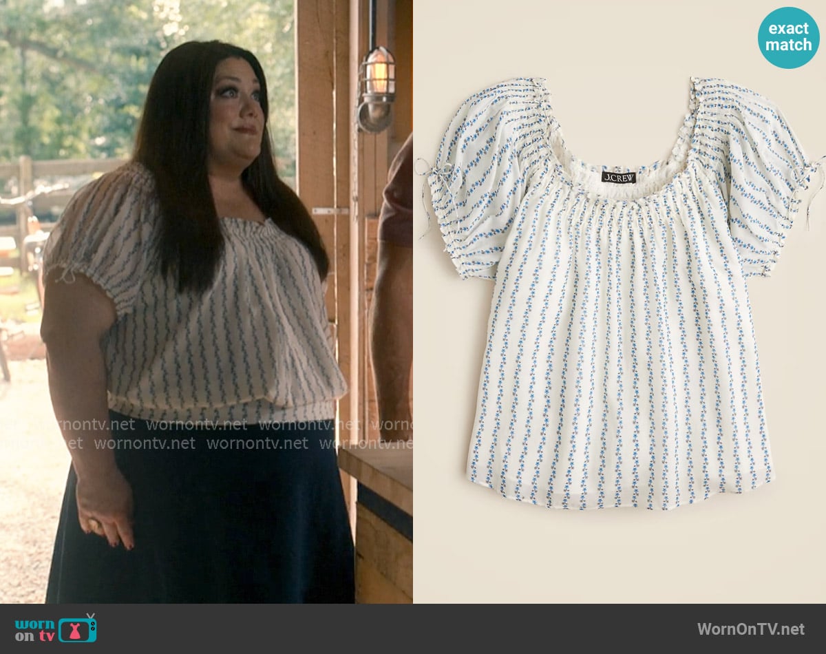 J. Crew Smocked ruffle-trim top in blue daisy print worn by Dana Sue Sullivan (Brooke Elliott) on Sweet Magnolias