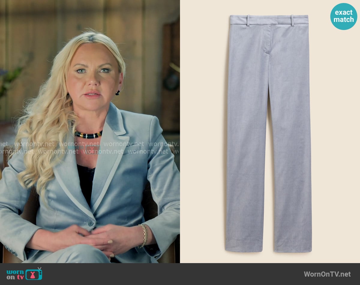 J. Crew Stella pant in Velvet Slate Blue worn by Galyna Saltkovska on The McBee Dynasty Real American Cowboys