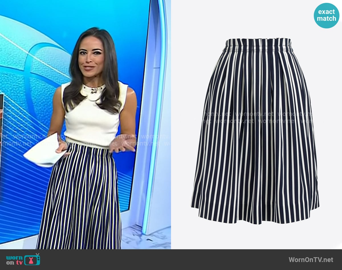 J. Crew Striped Pleated Midi Skirt in Navy Stripe worn by Kaylee Hartung on Today