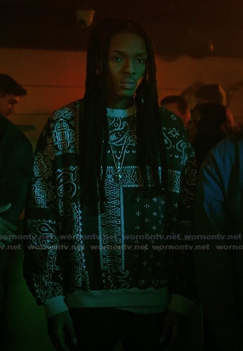 Jake’s navy bandana print sweatshirt on The Chi