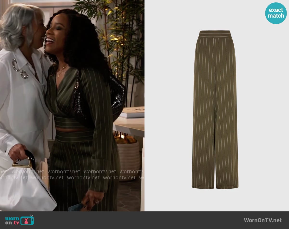 Jaki Zoe Pinstripe Elastic High Waist Satin Trousers worn by Naomi Hamilton Hawthorne (Arielle Prepetit) on Beyond the Gates
