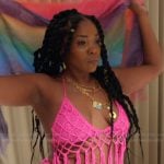 Jasmine’s pink crochet knit top and skirt set on The Valley