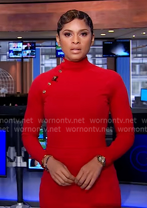Jericka’s red button detail dress on CBS Evening News
