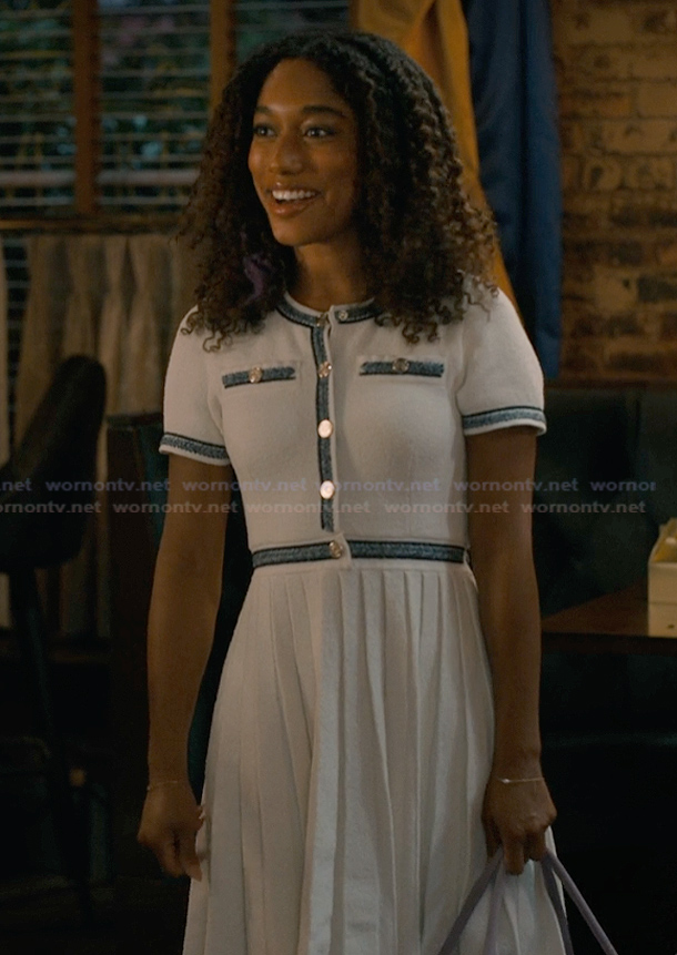 Jessica’s white contrast trim dress on Sweet Magnolias