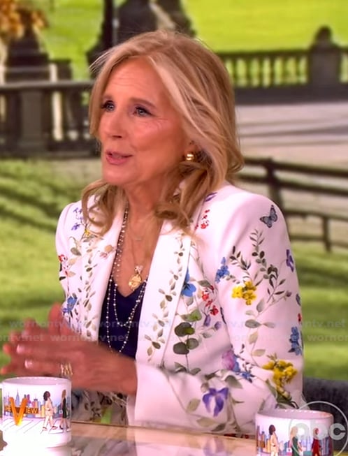 Jill Biden’s white floral blazer and pants on The View