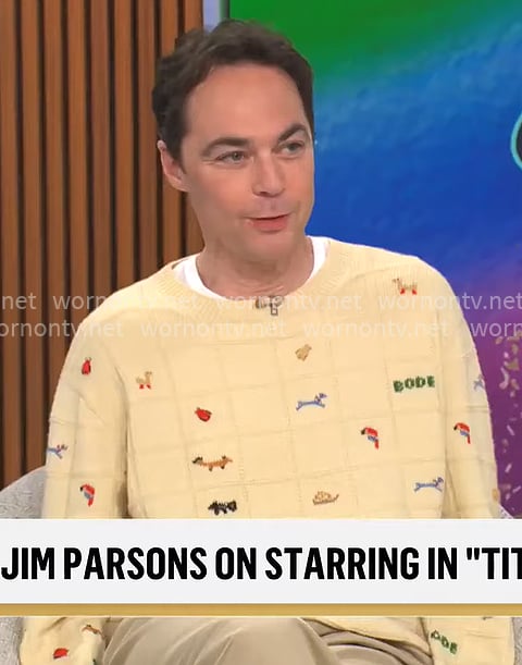 Jim Parson’s cream icon graphics sweater on CBS Mornings