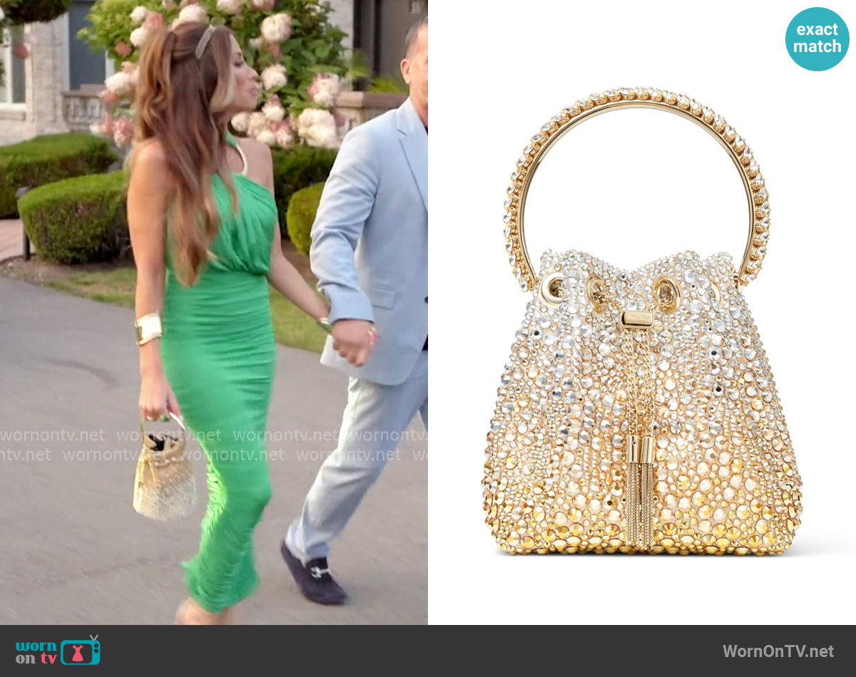 Jimmy Choo Bon Bon crystal-embellished bucket bag worn by Alicia Carmody on The Real Housewives of Rhode Island