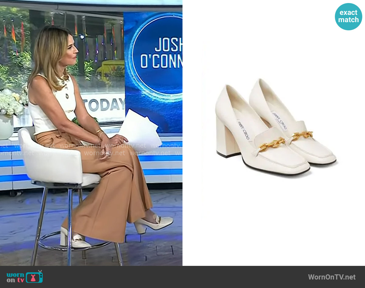 Jimmy Choo Diamond Tilda 85mm Leather Pumps in Latte worn by Savannah Guthrie on Today