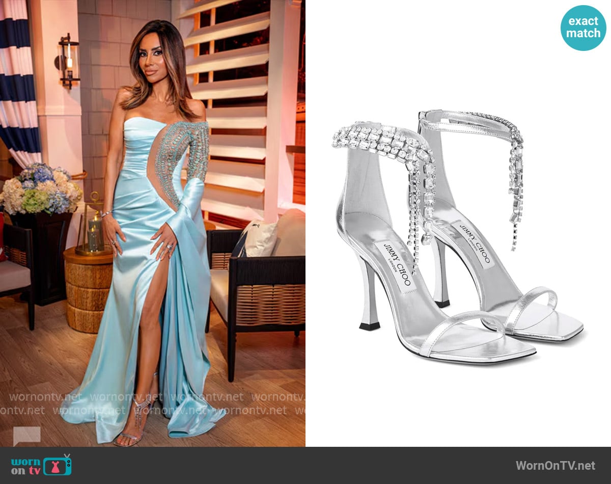 Jimmy Choo Verity crystal-embellished sandals worn by Rulla Nehme Pontarelli on The Real Housewives of Rhode Island