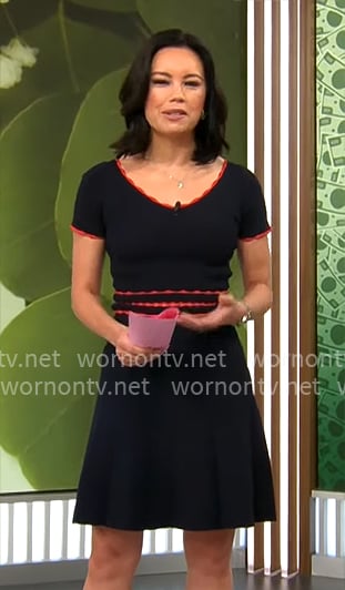Jo Ling Kent’s navy dress with red trims on CBS Mornings