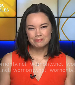 Jo Ling Kent’s red sleeveless top on CBS Mornings