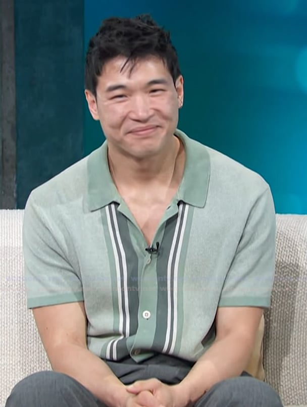 Joel Kim Booster’s green stripe shirt on Access Hollywood