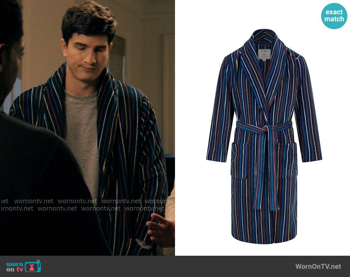 John Christian Fleece Robe, Navy with Multicolored Stripes worn by Davis Beau Bradley Barrett III (Will Angus) on Not Suitable For Work