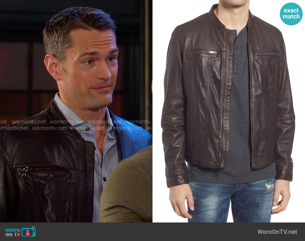 John Varvatos Brando Band Collar Jacket in Chocolate worn by Andrew Donovan (Colton Little) on Days of our Lives