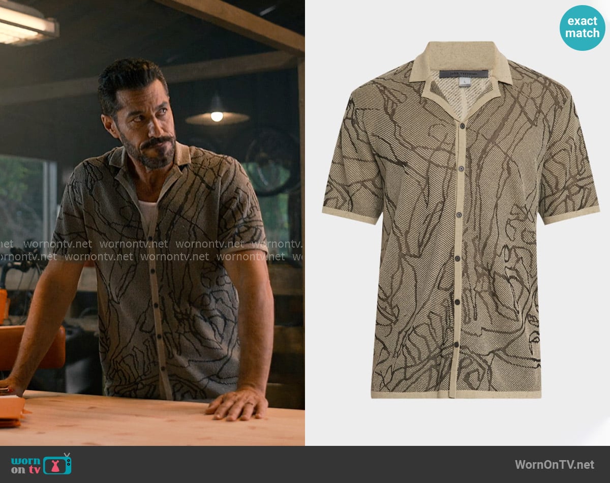 John Varvatos Holt Hand-Drawing Camp Shirt worn by Ronnie Sullivan (Brandon Quinn) on Sweet Magnolias