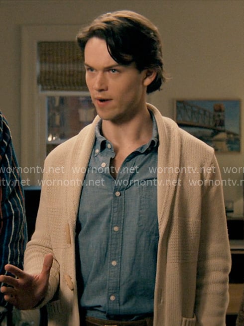 Josh’s beige toggle cardigan on Not Suitable For Work