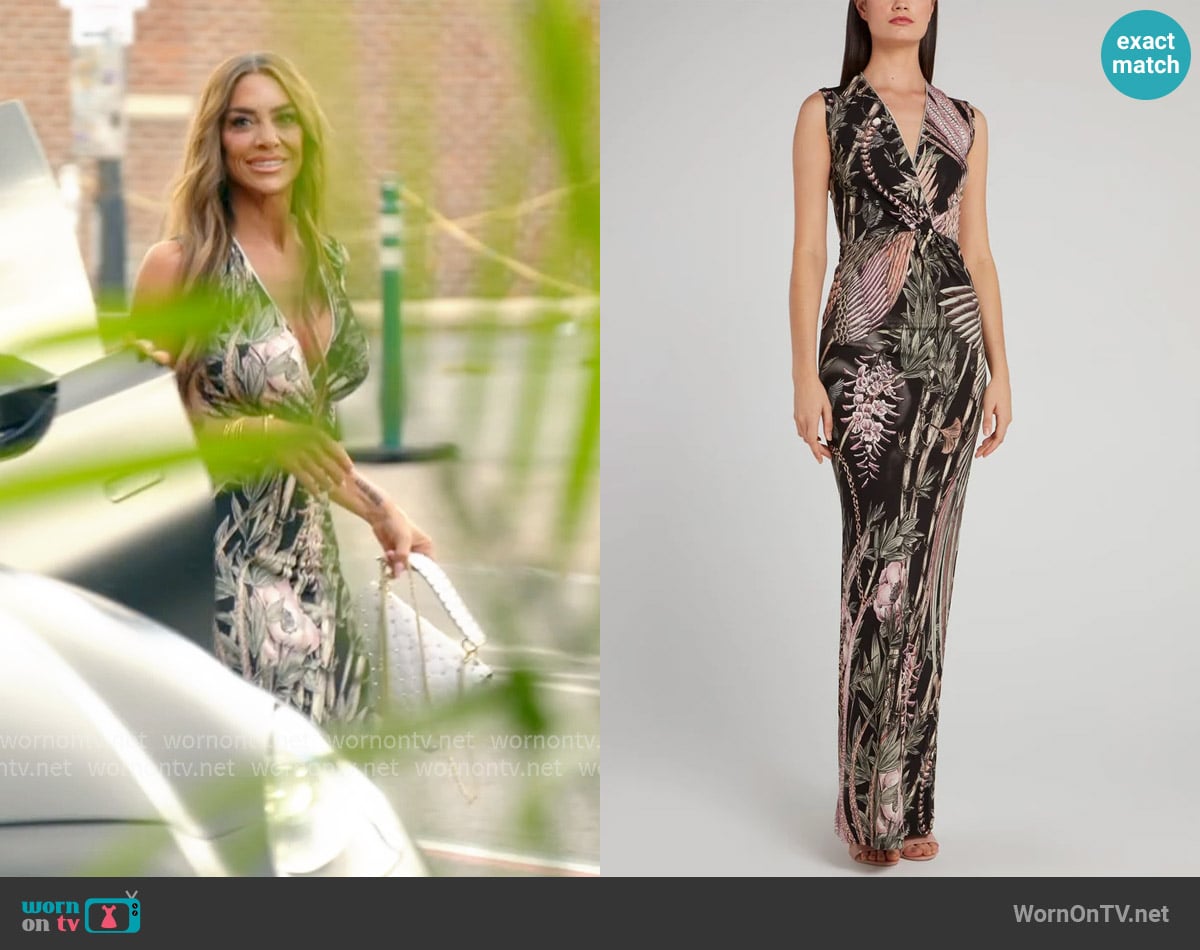 Just Cavalli Rear Slit Surplice Maxi Dress worn by Liz McGraw on The Real Housewives of Rhode Island