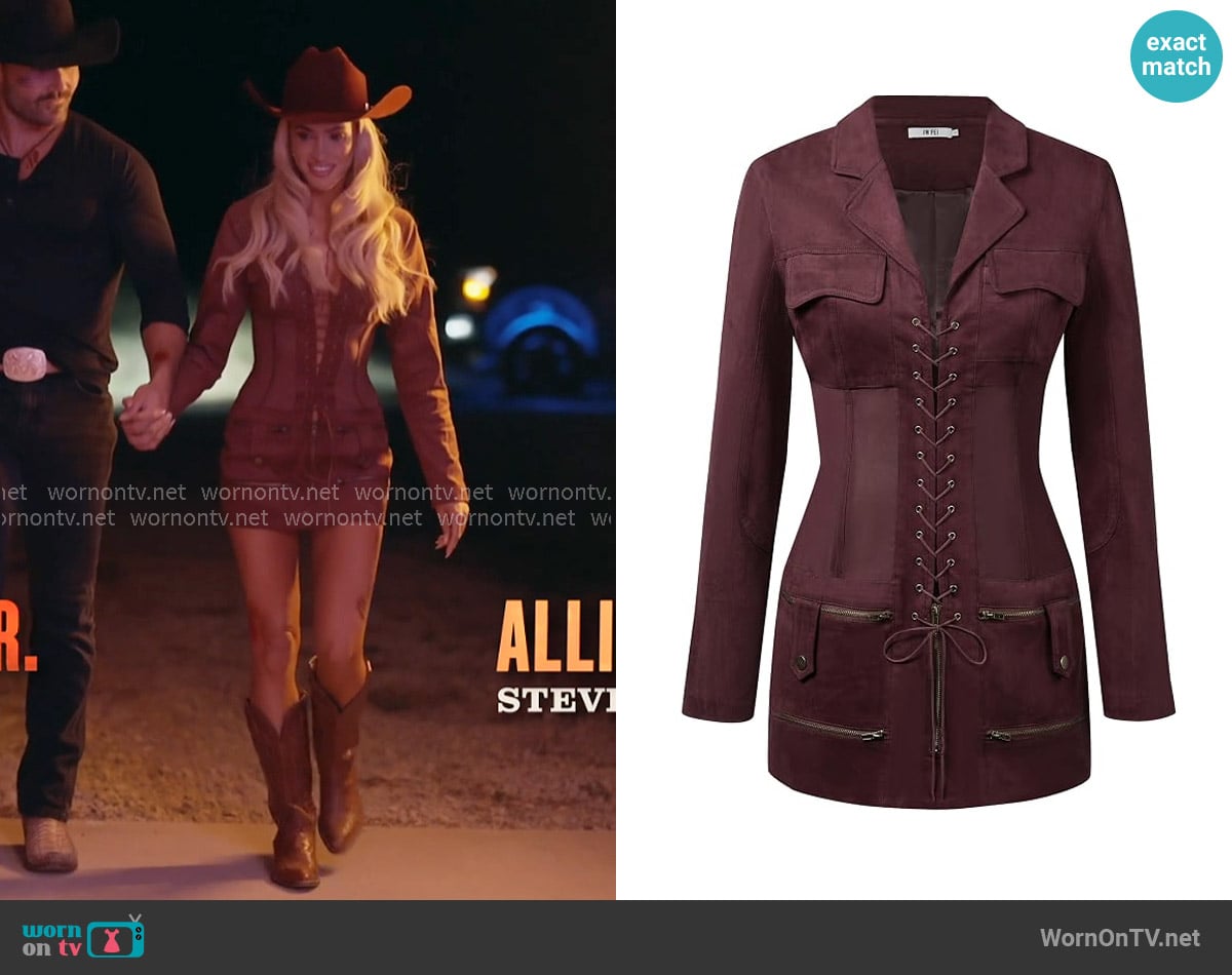 JW Pei Faux Suede Corset Jacket Mini Dress in Claret worn by Allie on The McBee Dynasty Real American Cowboys